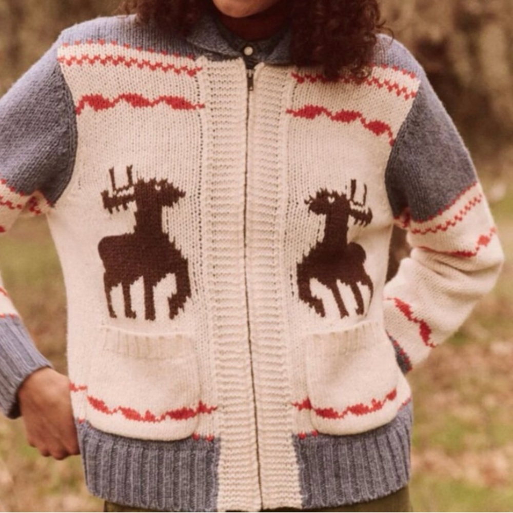 THE GREAT. Blue and Cream Moose Cardigan EUC Sz L